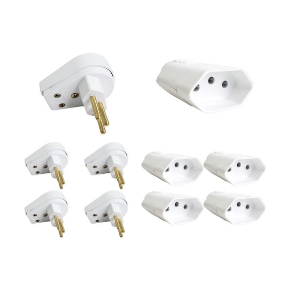 kit 5 plug macho gigante 3 pinos tomada femea 10a branca