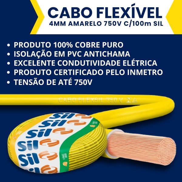 cabo flexivel 4mm amarelo 100m 750v sil3