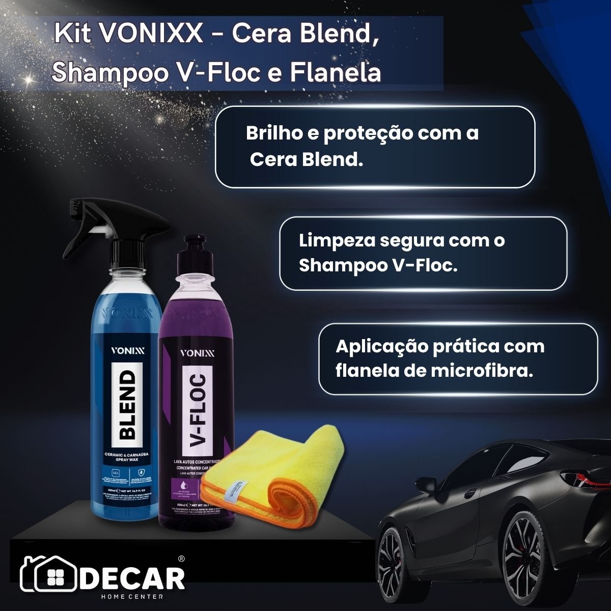 Kit VONIXX – Cera Blend, Shampoo V-Floc e Flanela | Brilho e