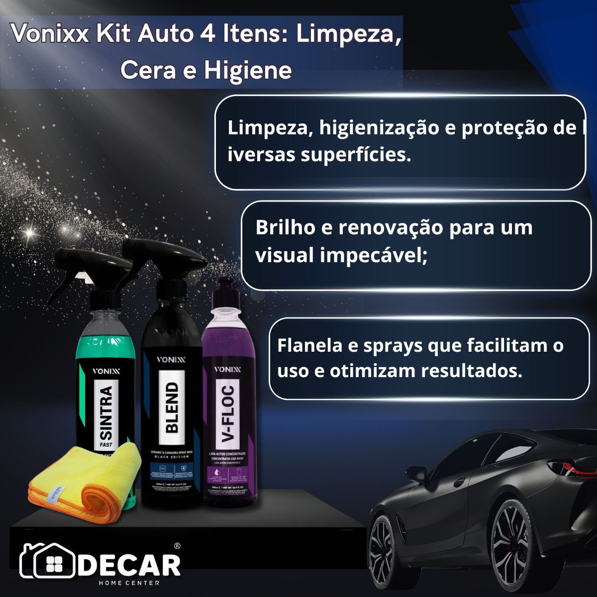 Kit Vonixx 4 Itens: Lava Autos, Cera Blend Black, Sintra Fast +